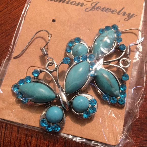 Turquoise Rhinestone Butterfly Earrings - Picture 3 of 3